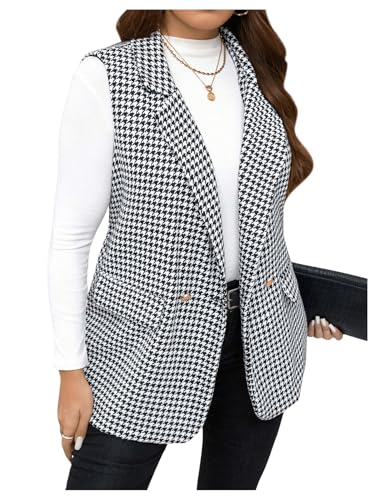 MakeMeChic Women's Plus Size Houndstooth Print Sleeveless Jacket Lapel Open Front Vest Blazer