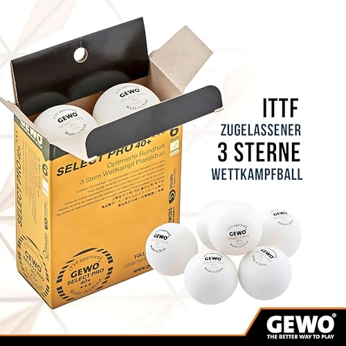 GEWO Select PRO piłki do tenisa stołowego – 3 gwiazdki z tworzywa sztucznego, 40+ ze szwem – certyfikowane przez ITTF piłki do tenisa stołowego, 6 wysokiej jakości profesjonalnych piłeczek do tenisa