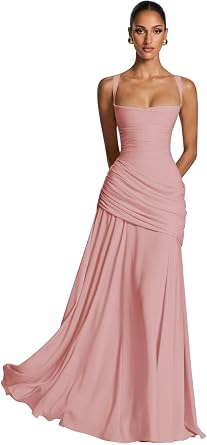 Chiffon Bridesmaid Dress A-line Ruched Long Wedding Guest Prom Gown