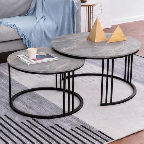 Image of Coffee Table Round Sofa Small Side Table Nesting Table, Modern Negotiation Table Combination Table, Suitable for Living Room Bedroom Side Table (Black Grey)