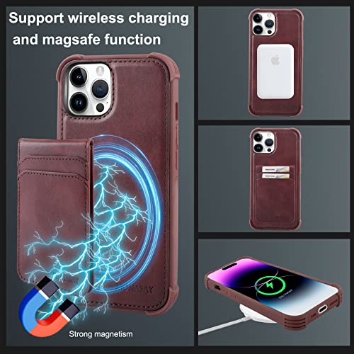 Image of MONASAY Magwallet Case Fit for iPhone 14 Pro,[Support MagSafe Wireless Charging][Glass Screen Protector] PU Leather Flip Magnetic Wallet Phone Cover with Detachable Card Holder, Burgundy