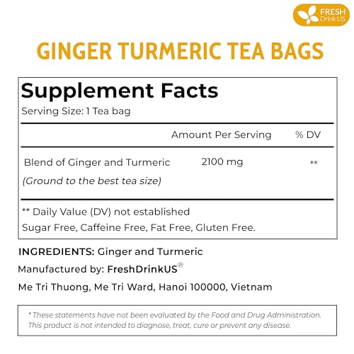 Image of FRESHDRINKUS Premium 65 Turmeric Ginger Tea Bags, 100% Natural Ingredients, Hand-made Blend of and Ginger, Eco-conscious Bags. Herbal Tea. No Sugar, Caffeine, Gluten, Vegan.