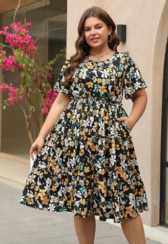 Nemidor Womens Casual Plus Size Short Sleeve Layered Swing Summer Midi Dress with Pocket NEM5273
