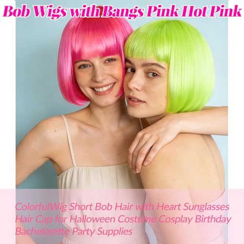 Image of DAJOOEE 2 Pack Party Wigs Wig Cap and Sunglass Set,Short Bob Hair Wigs Straight with Flat Bangs Synthetic Colorful Cosplay Daily Party Neon Wig for Women (Pink Green)