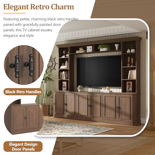 Image of JIJIWANG 97.4 inch Wall Unit Entertainment Center with Adjustable Shelves and Bookshelves, Extra Large TV Stand with Doors and Cabinet, Modern All-in-One TV Stand with Bridge for TVs Up to 70 inch Walnut