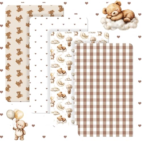 Image of Peryiter 4 Pack Crib Sheets for Baby Brown Bear Baby Bed Sheet Set 52'' x 28 inch Soft Nursery Crib Sheets for Standard Bed Toddler Mattress Nursery Decor Boys Girls Kids
