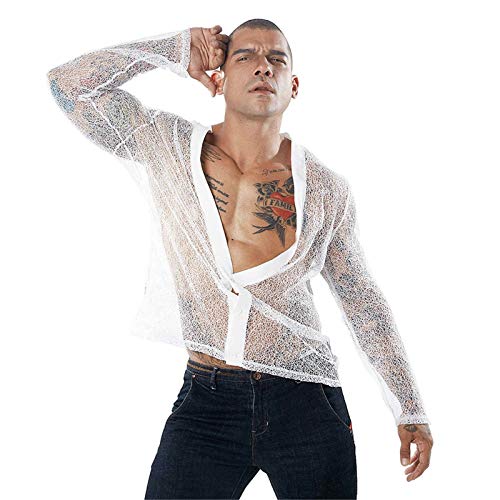 Blusa masculina com gola redonda para festa elegante camisa social masculina para clubes, Branco, P