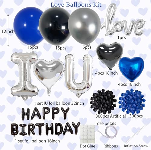 Blue Black Silver Balloons with I LOVE YOU & HAPPY BIRTHDAY Foil Balloons & Rose Petals for Romantic Special Night, Anniversary, Valentine Day, Birthday Decorations for Him, Bedroom, Hotel Room by Carnira - Used condition - Image 2