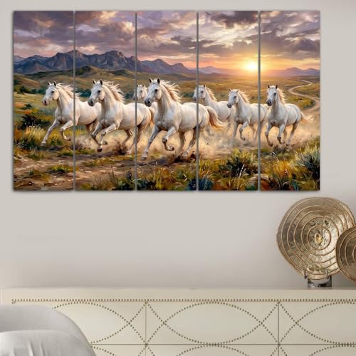 Image of Maxstone 7 Horses Wall Painting for Living Room Big Size - 7 Running Horses Painting Vastu for Bedroom, Office, Hotel - Wall Decor Digital Painting Wooden Framed for Gifting (30x60 inch) M1419