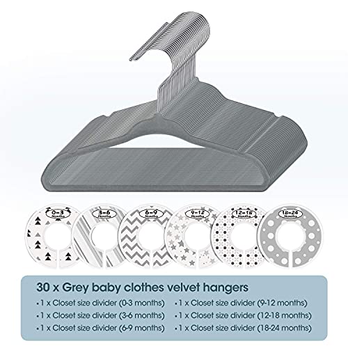Minnebaby Velvet Baby Hangers 30 Pack, Ultra Thin No Slip Nursery Clothes Hangers With 6 Pcs Cute Clothing Dividers For Baby Boys & Girls Closet Organizer, Dark Grey Kids Hangers #TOP6