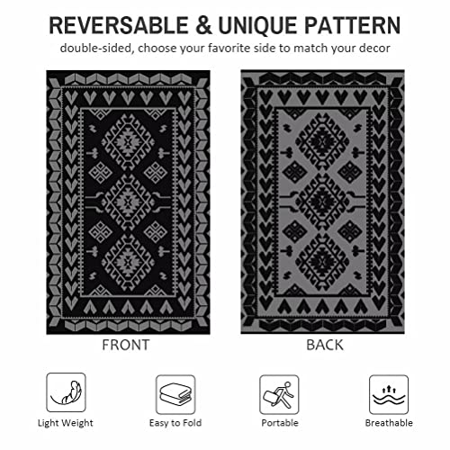 Outdoor Rugs For Patio Clearance - 5'X8' Waterproof Reversible Indoor Outdoor Rug Carpet, Portable Plastic Straw Rug For Rv Camping, Picnic, Beach, Porch, Deck(Rug004#,Black&Gray) #TOP2