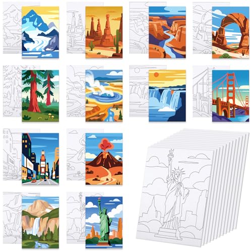 Anseal 12 Packs Landscape Pre Drawn Canvas to Paint, 5" X 7" Pre Printed Canvas for Kids, Pre Stretched Canvas Outline Painting Boards for Beginners, Students, Party Favor