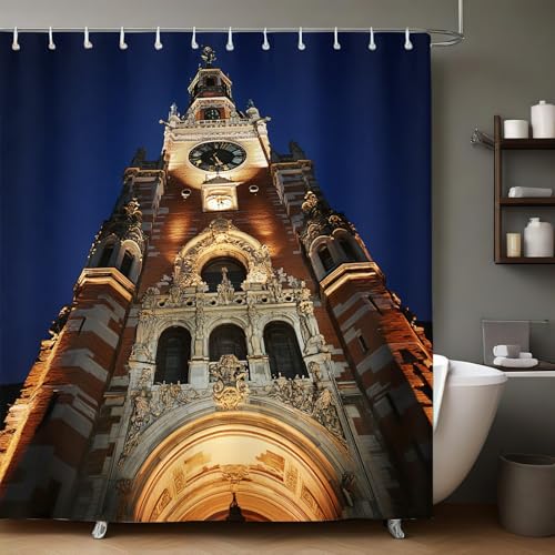 Cortina de Ducha Torre de la Ciudad Cortinas de Baño Poliéster Lavable Resistentes al Moho Secado Rápido Impermeable con Ganchos 180x180 cm