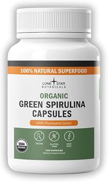 Lone Star Botanicals Organic Spirulina Capsules 100% Pure Blue-Green Algae, No Fishy Smell, Superfood Supplement, Vegan, Non-GMO, Gluten-Free 120 Count, Green Spirulina