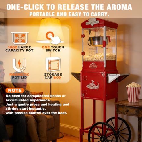 Image of Popcorn Machine with Cart,Wheels & 10 Oz Kettle Popcorn Maker Measuring 3 plastic spoon Home Theater Popcorn Machine-Red