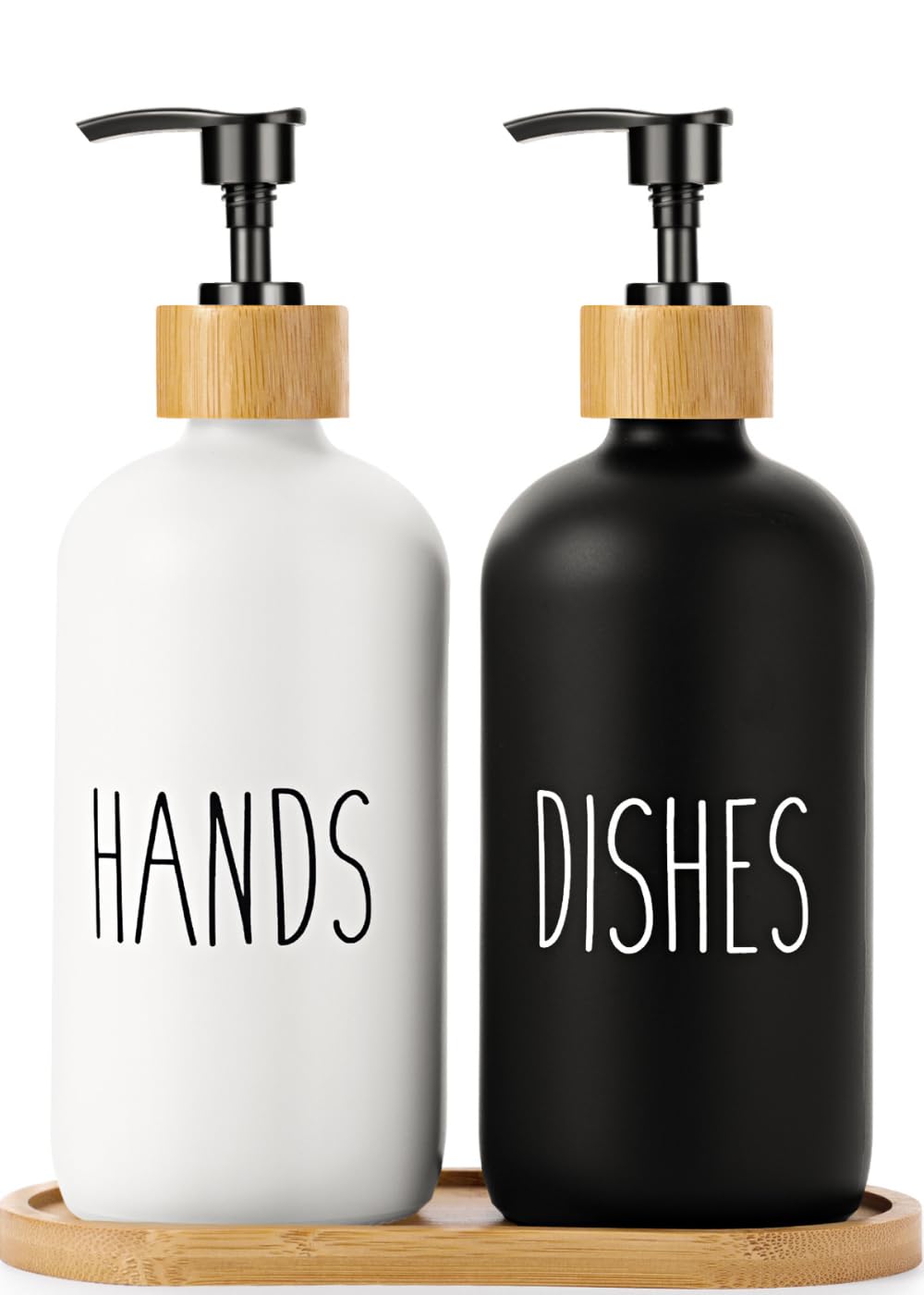LIFEEZY Premium Quality Glass Soap Dispenser Set with Bamboo Tray - 2 pcs Hand & Dish Soap Dispenser for Rustic Kitchen Decor, Refillable Dispensers