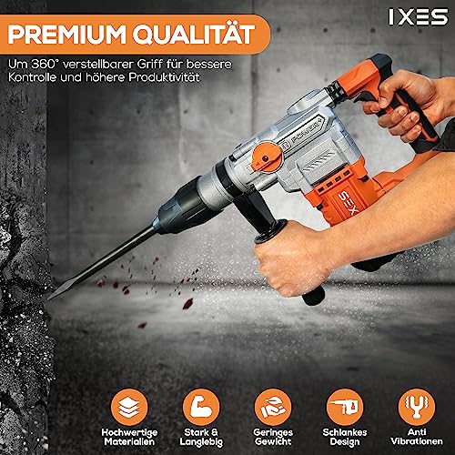 Foto von IXES Bohrhammer IX-DB1600Max | 2in1 Funktion (Schlagbohren & Meißeln) | 1600W Leistung mit 3800 bpm | 10 Joule Schlagkraft | inkl. Spitz- und Flachmeißel, Kohlebürsten & Schmierfett