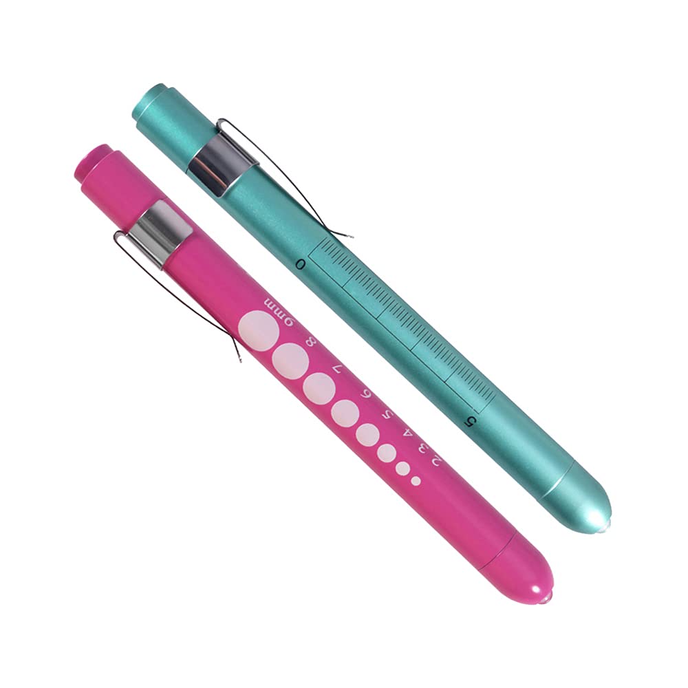 Aokin Pen Light with Pupil Gauge, Reusable LED Penlight Medical for Doctor Nurse Diagnostic etc, White Light, Rose and Teal