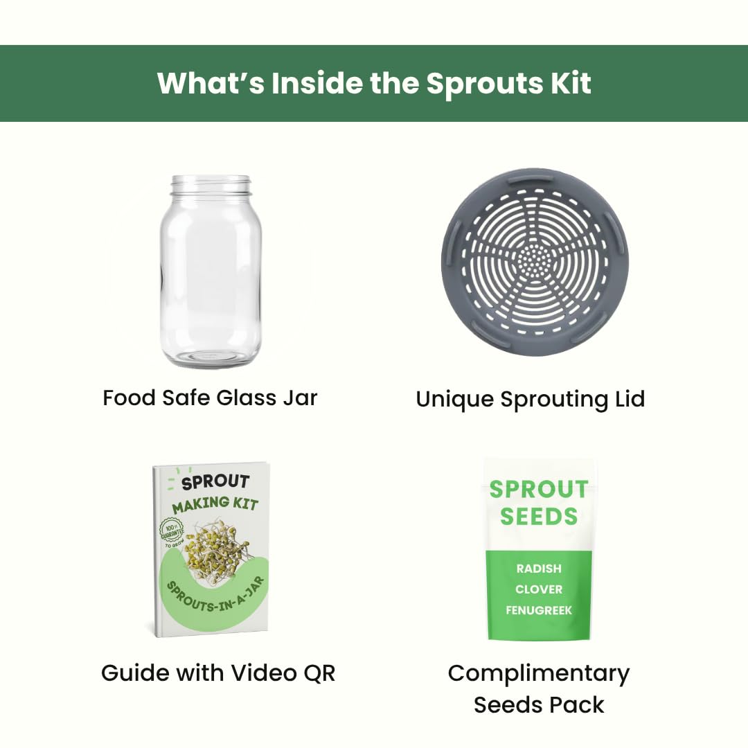 Gutbasket Sprouting Kit | Includes 2 Glass Sprout Jars (700 ml Each) with Sprouting Lids + Organic Seed Mix | Sprout Maker for Moong, Methi, Chana, Alfalfa, Radish | Sprout Jar with Guide — Amazon image 2