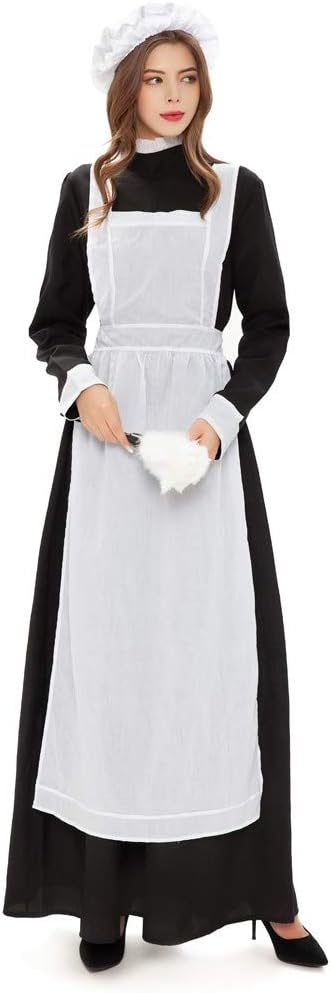 Womens Maid Cosplay Outfits Maxi Long Sleeve Apron Nurse Gown A-line Mock Neck Loose Fit Masquerade Halloween Costume