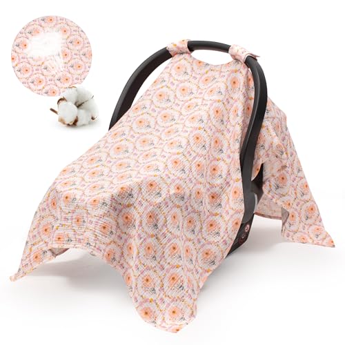 Image of SERAPHY Muslin Car Seat Cover Baby, Universal Carseat Covers Baby Girl Boy | 100% Muslin Cotton, Universal Fit, Breathable, Soft Infant Car Seat Canopy, For Boys and Girls, Sun & Wind Protection