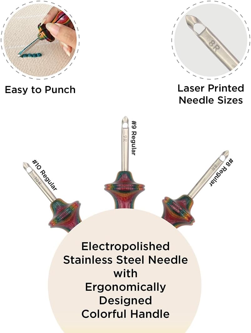The Oxford Punch Needle Regular Point Set - 3 Sizes | Ergonomically Designed Colorful Symfonie Wood Handle | Electropolished Steel Tip | Ideal for Punch Needle Rug Hooking