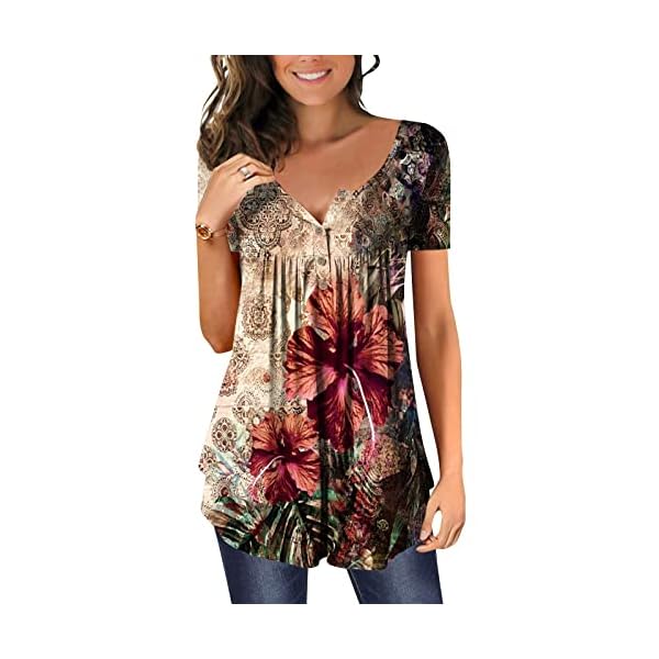 Womens Tops Hide Belly Tunic 2023 Summer Short Sleeve T Shirts Cute Flowy Henley Tshirt Casual Dressy Blouses for Leggings