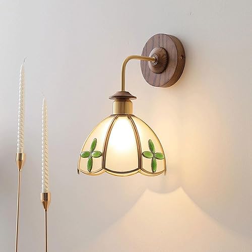Vintage Brass Wood Wall Sconce Glass Hardwired Wall Lamp E26E27 Base Bedside Lighting for Living Room Home Decor Wall Light(Dia-20cm)