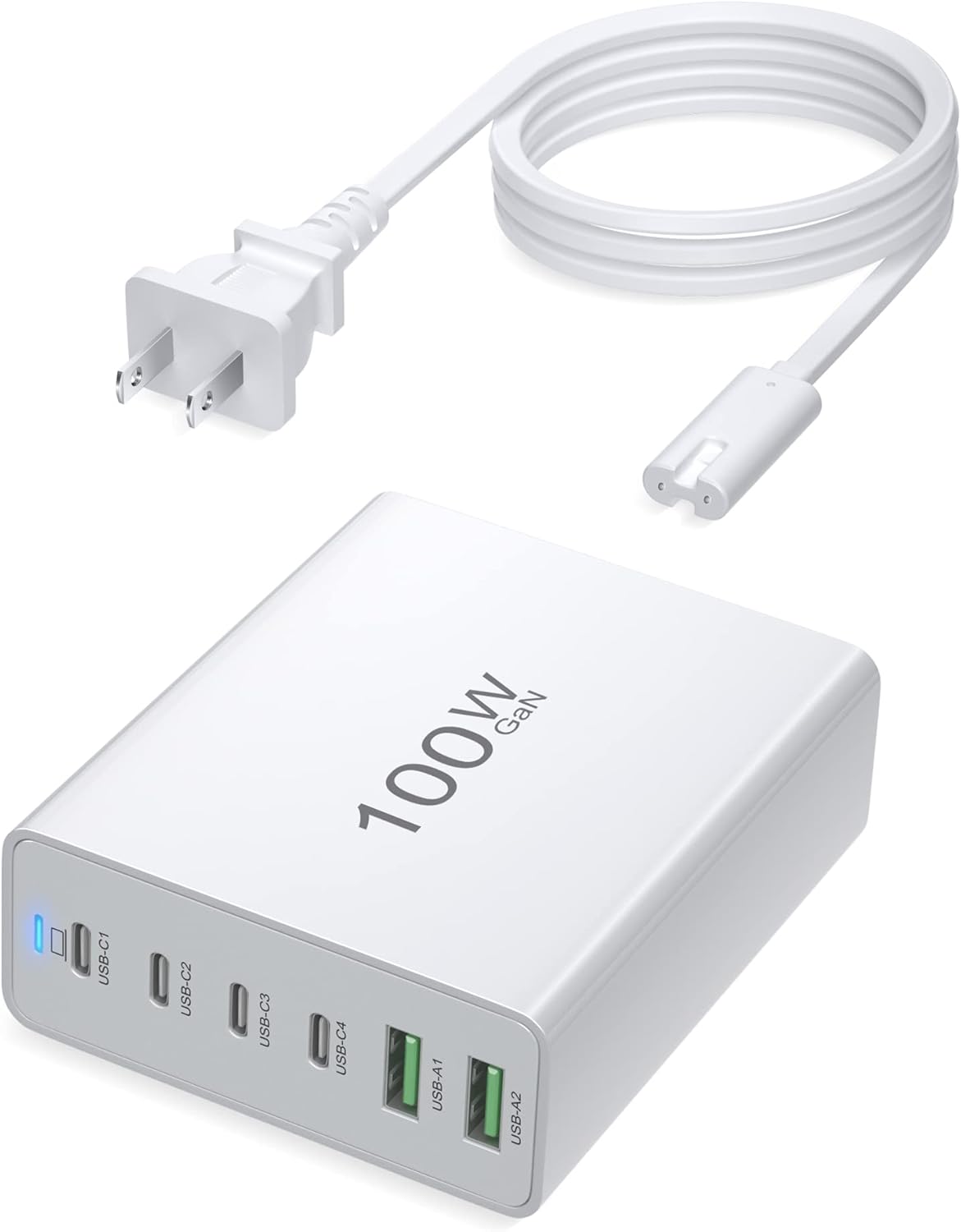 100W GaN 6 Port USB C & USB A Charging Block, Multiport USB C Charging Station Hub for iPhone 15 Pro Max/Pro Plus/Pro/14 13 12 11, iPad Pro, Phones & Tablets (White)