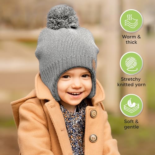 Image of Baby Beanie Winter Hat 0-6 Months - Cute Pom Winter Baby Hats with Earflaps, Soft & Stretchy Knit Toddler Beanies for Infant, Newborn 0-6 Months Boys, Girls, Cozy, Warm Fall Essentials (Gray, S)