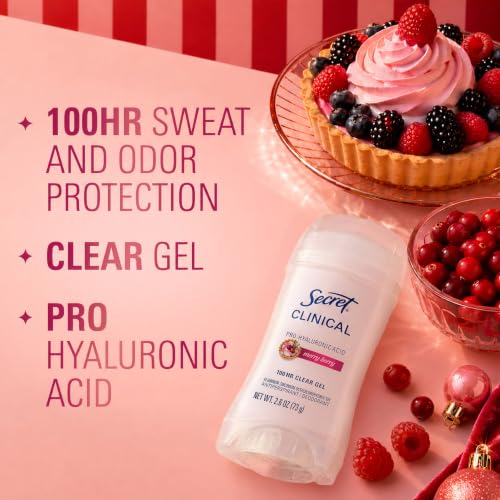 Image of Secret Clinical 100HR Sweat & Odor, Clear Gel Antiperspirant Deodorant for Women, 3X Stress Protection with Hyaluronic Acid, PH Balancing Minerals, Merry Berry Scent, 2.6 oz
