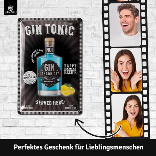 Retro Bar Deko - tabliczka GIN TONIC SERVED HERE - dekoracja koktajlowa z zabawnymi sentencjami jako prezent - metalowe tabliczki vintage jako akcesoria alkoholowe - dekoracja kuchni 20 x 30 cm