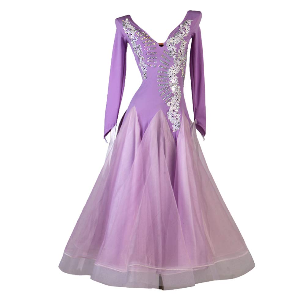 Ballroom Competition Dance Dress Standard Customized Size Long Sleeve Rhinestones Modern Waltz Cha Cha Dress Purple