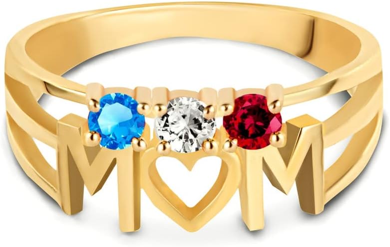 10K or 14K Yellow Gold Personalized Mix-and-Match Mom's Love Heart Ring with 3 CZ Birthstones - Choice of Birthstone Color & Ring Size