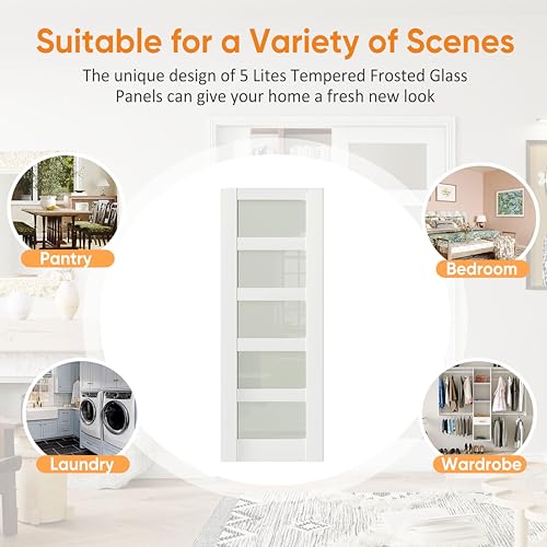 Image of 28 inch x 80 inch Interior Door, 5-Lite Frosted Glass Pantry Door with Black Door Lever, Single Slab Door Panel for Closet & Bedroom, Classic Style as Prehung, Pocket, Bifold, Barn Doors