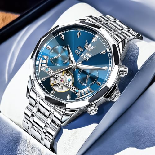 Image of OLEVS Automatic Self Winding Men's Wrist Watch Skeleton Stainless Steel Calendar Chronograph Waterproof Luminous Luxury Gift Branded Watch for Man