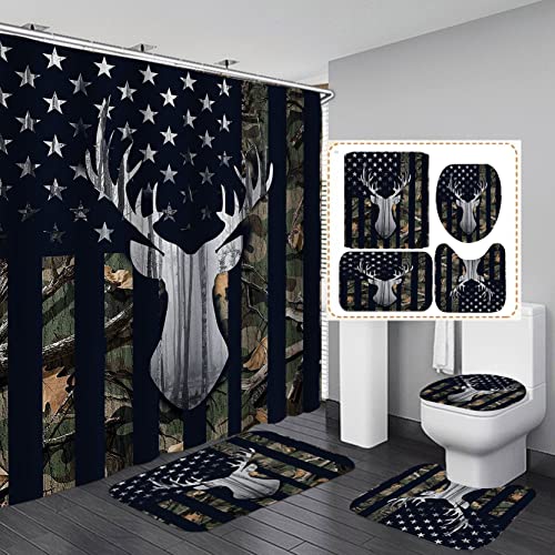 OLEBETY 4PCS/Set Camo Shower Curtain, Man Cave White Black American Flag Woodland Elk...