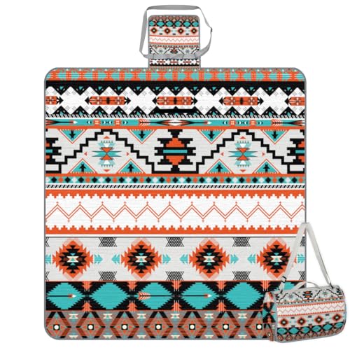 Shimoshe Picnic Blankets 57”x 59”, Aztec Geometric Patterns Waterproof Sandproof Picnic Mat Lightweight Foldable Beach Blanket for Camping Park Grass Beach Outdoor Blanket