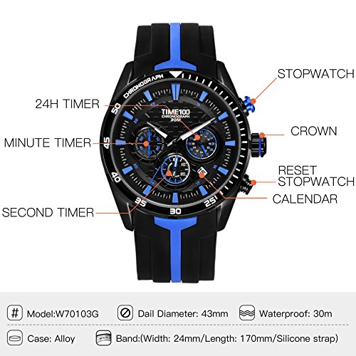 Time100 Men's Silicone Strap Chronograph Watch Sample Fashion Multifunction Calendar Watches For Men/Boy #TOP2