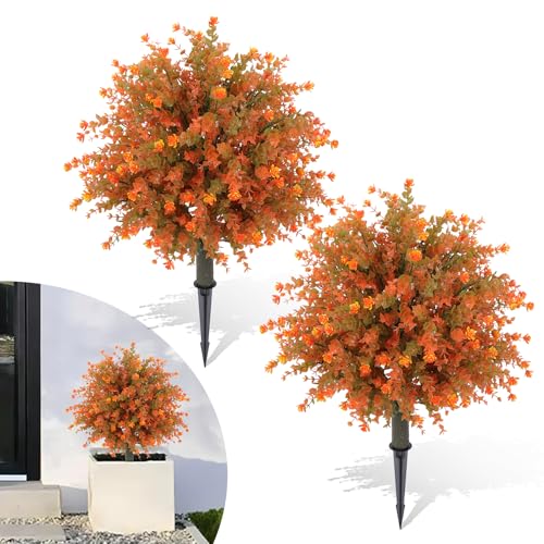 Set of 2 Artificial Fall Topiary Ball 25 UV Resistant Artificial Outdoor Shrubs Realistic Faux Bushes Plants Fall Outdoor Tree for Porch Garden Patio Balcony Decor