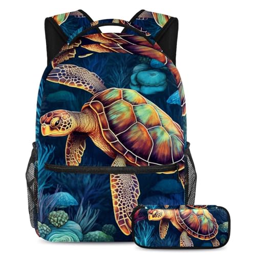 Sac à dos tortue bleue Seaworld grand format 44 cm ultra résistant et trousse