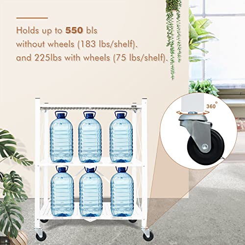 Alanng Storage Shelves Heavy Duty On Wheels, 3 Tier Rolling Cart, Metal Shelving Units 28" W X 14" D X 35" H For Garage Kitchen Bakers, Metal Wire, Collapsible/Foldable Organizer Rack, White #TOP1