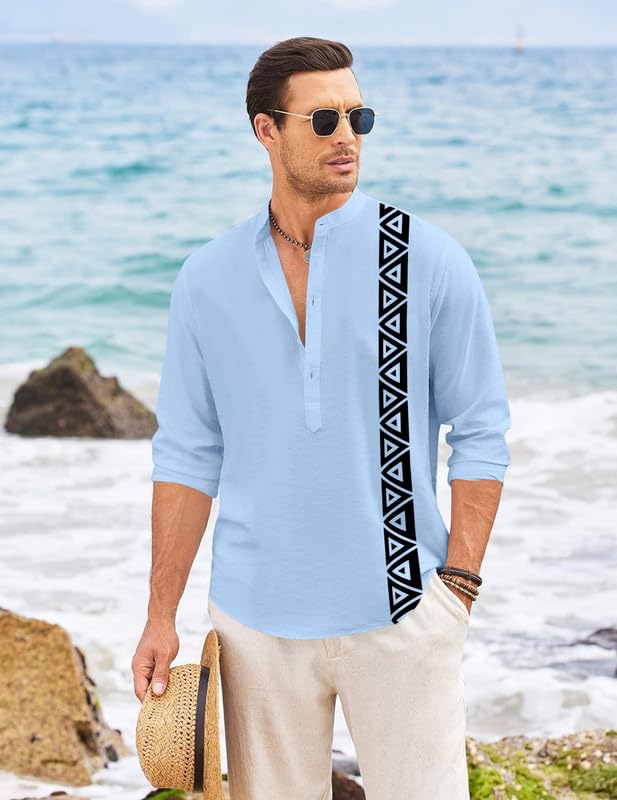 Image of FINIVO FASHION Men's Short Kurta with Printed Geometric Side Panel | Cotton Blend Full Sleeve Ethnic Topwear with Mandarin Collar | Stylish Indo-Fusion Kurta for Daily, Festive, or Casual Wear