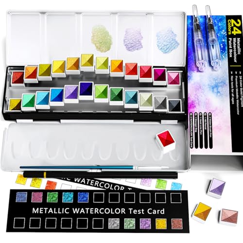 RATEL Metallic Watercolour Paint Set, Premium Glitter Watercolour Solid Paint Box, 24 Metallic Watercolour Paints, Soluble and Mix Well Watercolour Paints, for Kids, Beginner and Professional