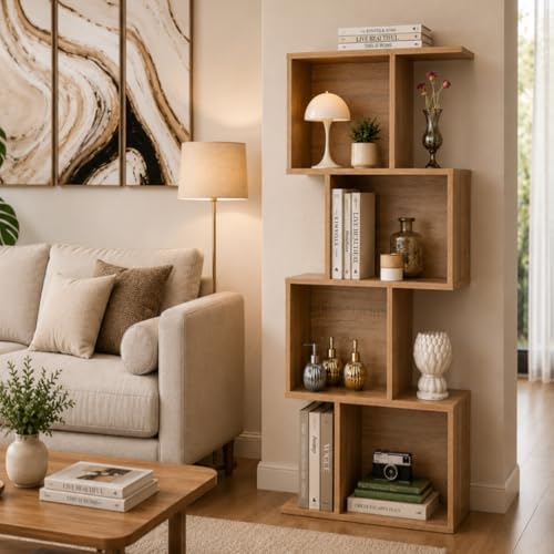 Image of Bookcase, Bookshelf, Freestanding Display Storage Shelves Open Bookcase for Bedroom, Small Bookshelf for Living Room and Office (Natural, S-Shaped)