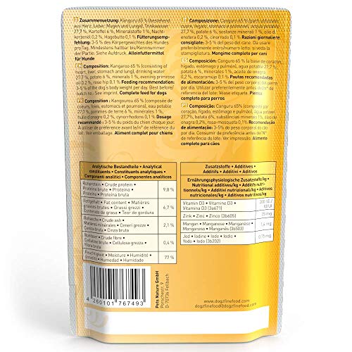 dogz finefood Hundefutter nass - N° 6 Känguru - Feinkost Nassfutter für Hunde & Welpen - getreidefrei & zuckerfrei - hoher Fleischanteil, 12 x 100 g Beutel