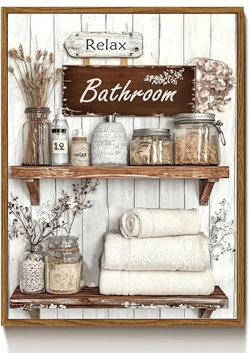 Framed Rusic Bathroom Canvas Wall Art Farmhouse Brown Bath Salts