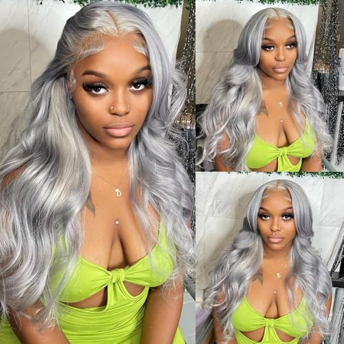 Image of Halloween Wigs 200% Grey Human Hair Wigs Body Wave 13x4 UHD Transparent Pre Plucked Pre Cut Gray Lace Front Wig Virgin Human Hair Glueless Lace Front Wigs for Women (28 Inch, Grey body wave)