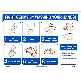 NMC WH6PR Fight Germs by Washing Your Hands, Sign, 7X10, Removable PS Vinyl