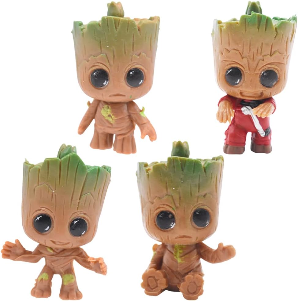 Hilloly Groot Cake Topper Mini Figuras Set Groot Cumpleaños Decoración para Tartas Groot Cupcakes Topper Niños de Decoración Cumpleaños Suministros Fiesta 4 Piezas